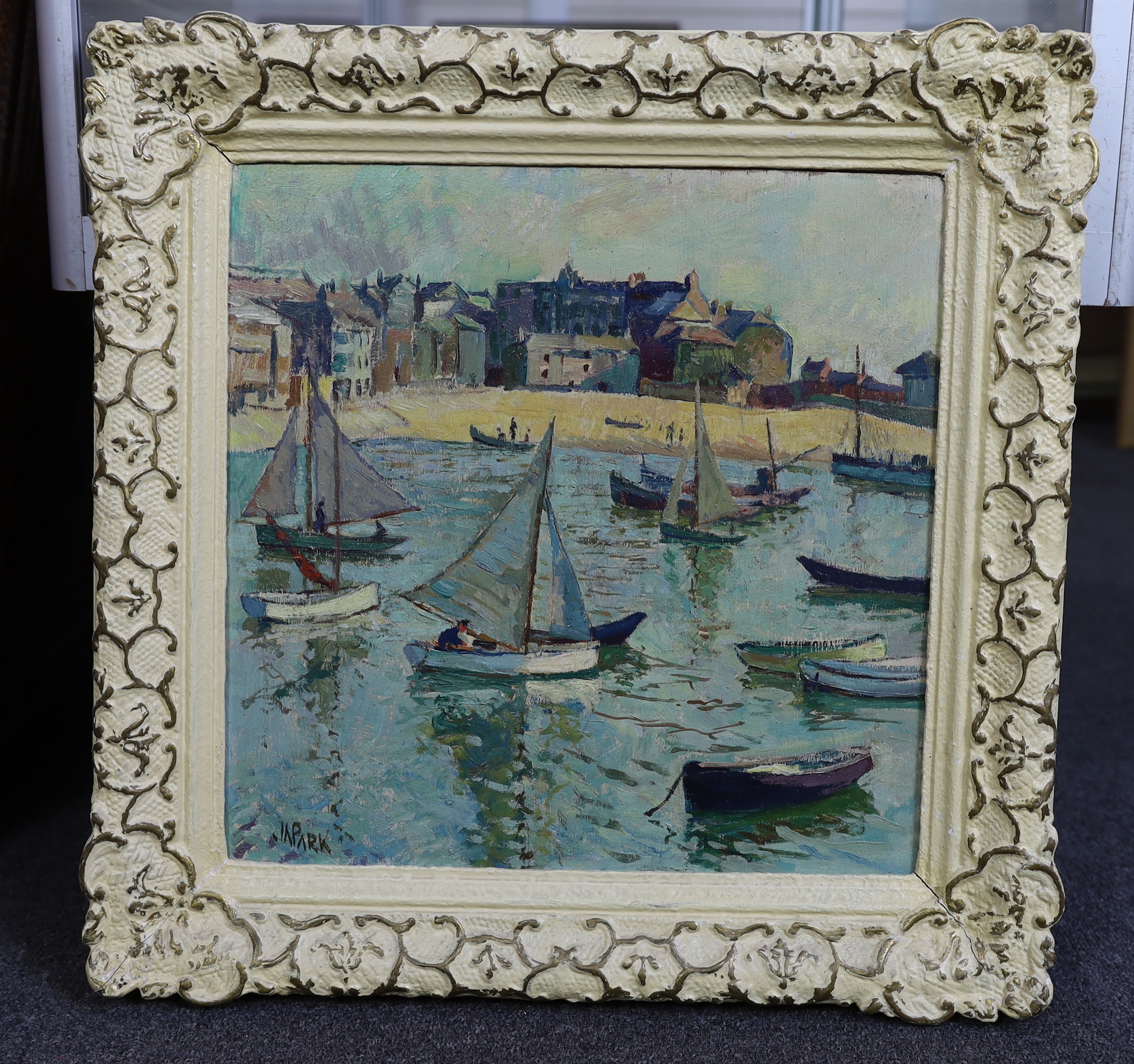 John Anthony Park (English, 1880-1962), Sailing boats in harbour, oil on board, 37.5 x 37.5cm